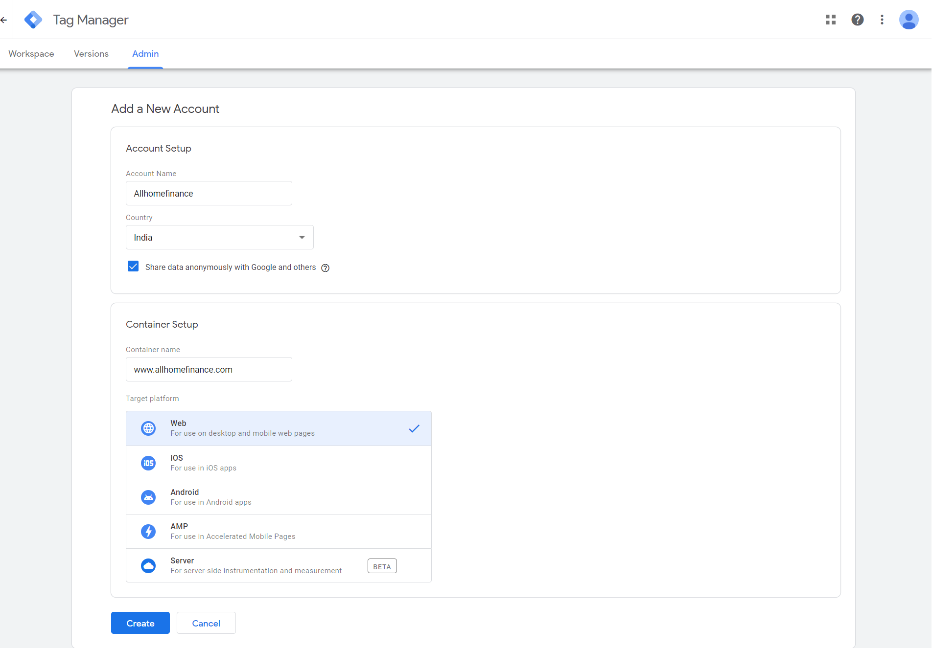 how to set up account in Google tag manager primathink