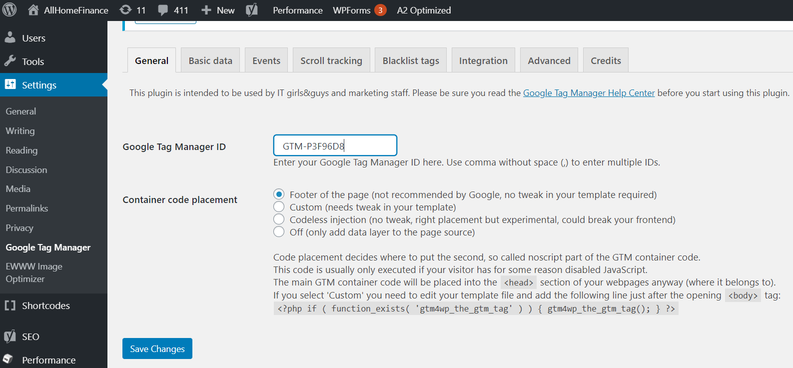 Setting GTM code using plugin in wordpress - primathink